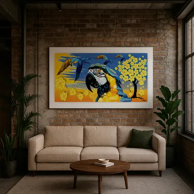 Quadro Arara-Azul Sentada em Galho Retangular Paisagem