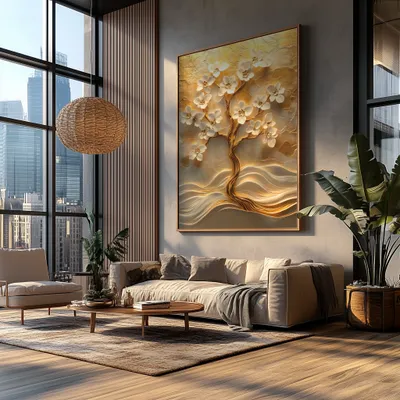 Quadro Árvore Dourada com Flores Brancas Retangular Retrato