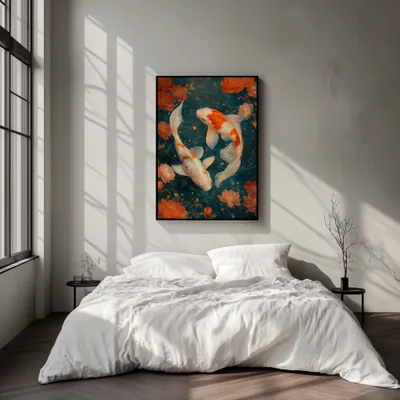 Quadro Carpas Koi em Dança Floral Retangular Retrato