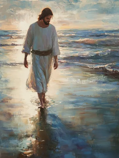 Quadro Jesus Caminhando nas Águas ao Pôr do Sol Retangular Retrato