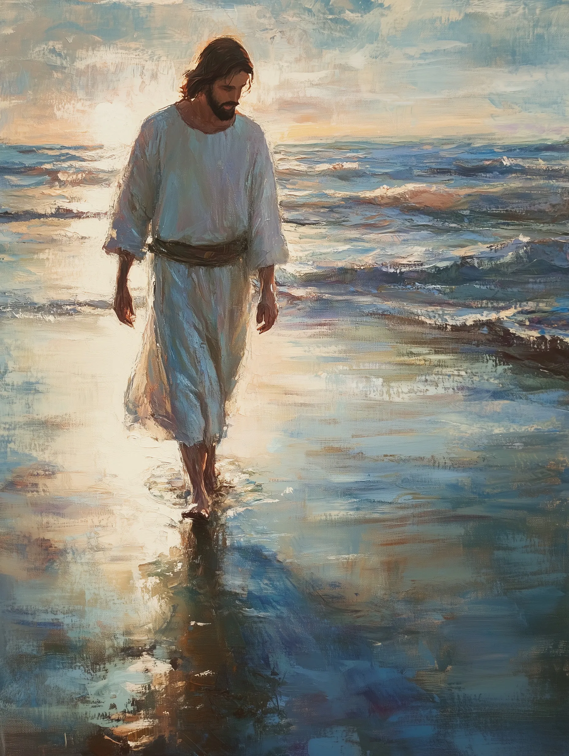 Quadro Jesus Caminhando nas Águas ao Pôr do Sol Retangular Retrato