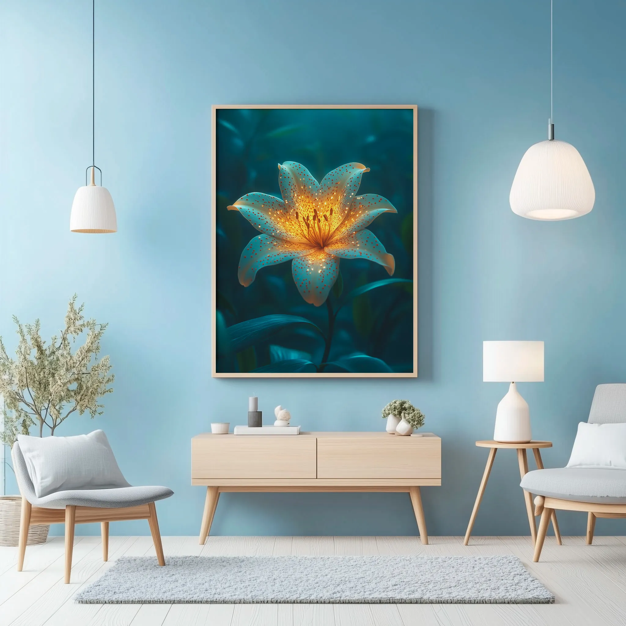 Quadro Lírio Luminescente Turquesa Retangular Retrato