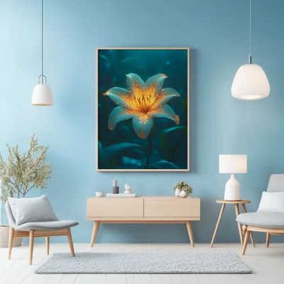 Quadro Lírio Luminescente Turquesa Retangular Retrato