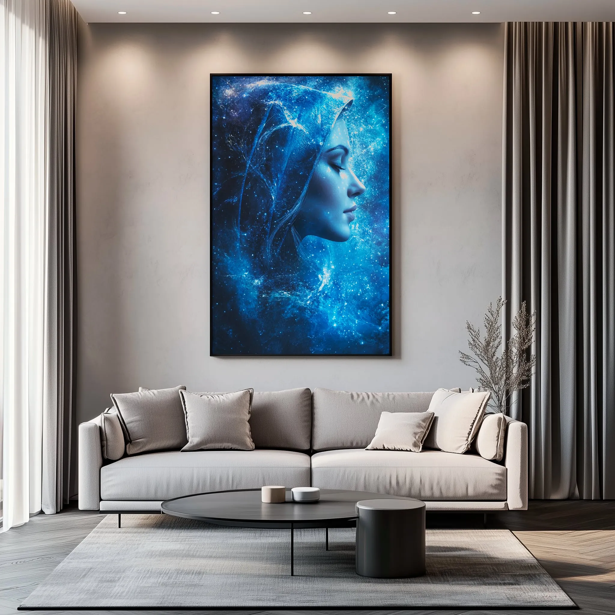 Quadro Maria Santíssima no Universo Azul Retangular Retrato