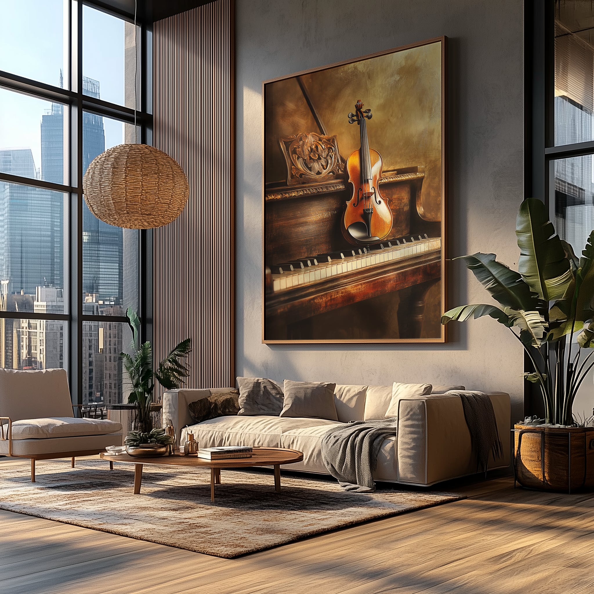 Quadro Violino com Folhas Outonais Flutuantes Retangular Retrato