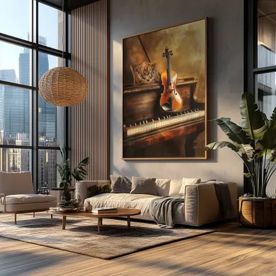 Quadro Violino com Folhas Outonais Flutuantes Retangular Retrato